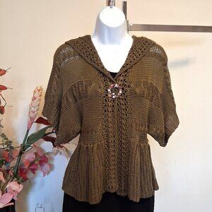 NWT Brown Knit Shrug Open Front Hooded Cardigan Lightweight Ladies Sweater